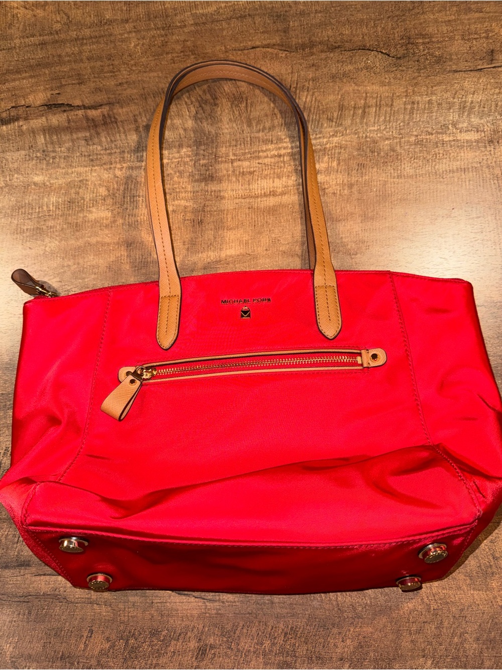 Michael Kors Red Tote Bag Tan Trim Gold-Tone Hardware